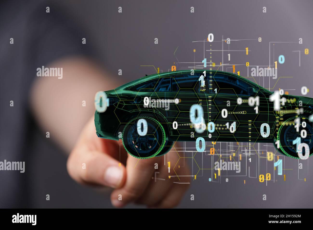 3D rendering of an electric car for autonomous driving and human hand ...