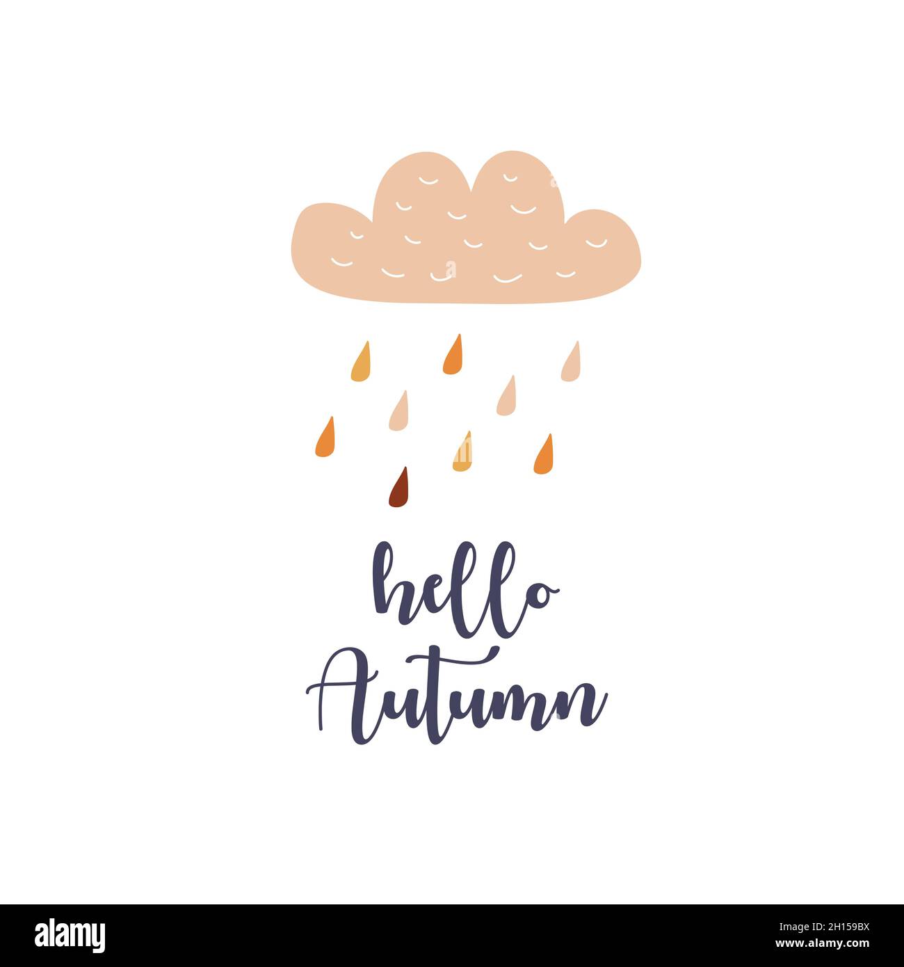 Card design with text hello Autumn. Hand drawn style. Rain with drops and clouds in doodle style Stock Vector
