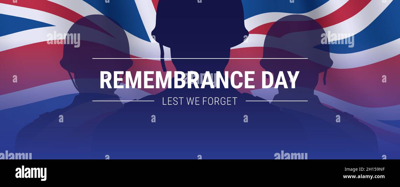 Remembrance day vector background, with soldier silhouettes and waving UK flag. Patriotic British army banner with LEST WE FORGET message. Stock Vector