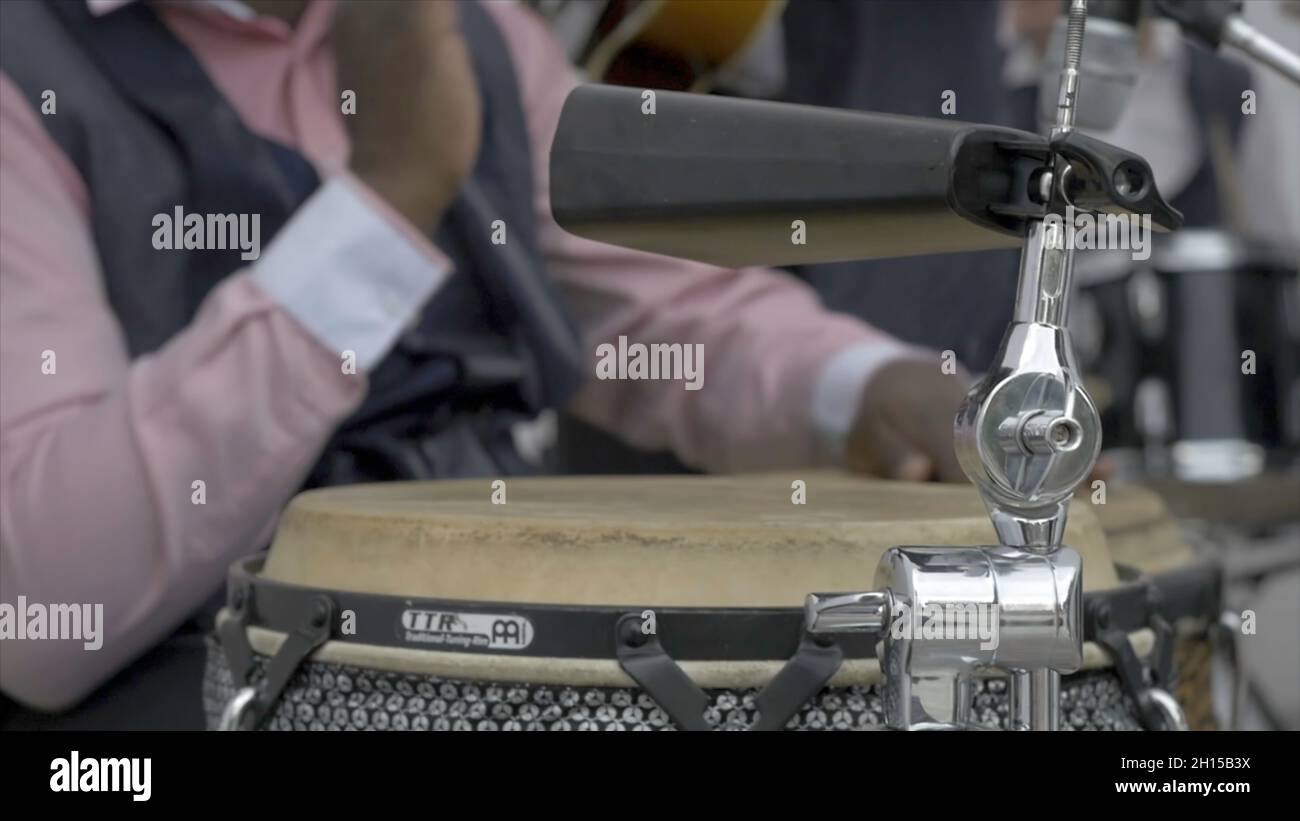 Hands drumming. Drummer playing on drum set on stage. Drummer pounding