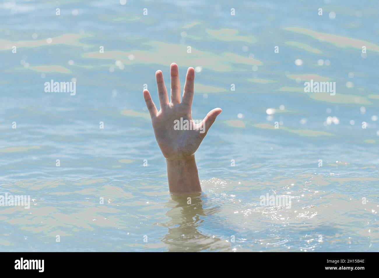 A hand from under the water of a drowning girl, help and urgent rescue ...