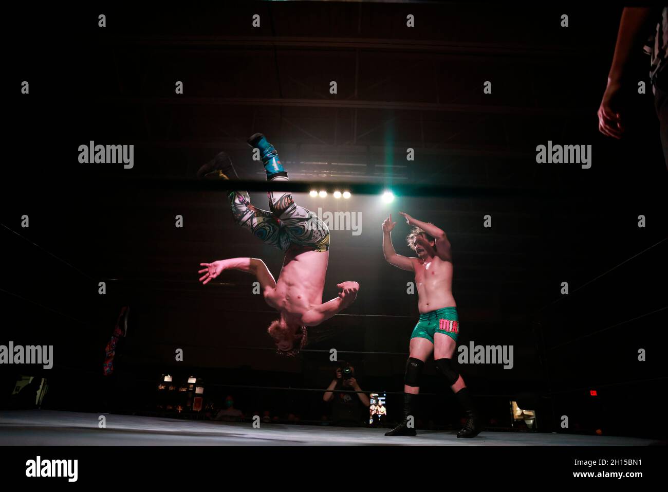 Bloomington, United States. 09th Oct, 2021. Mikey BMOC wrestles Rob Killjoy during the Rival Showdown pro wrestling event at the National Guard Armory in Bloomington. Credit: SOPA Images Limited/Alamy Live News Stock Photo