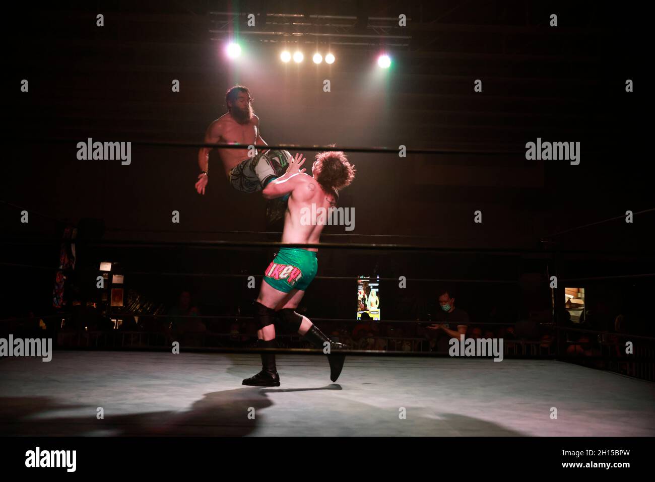 Bloomington, United States. 09th Oct, 2021. Mikey BMOC wrestles Rob Killjoy during the Rival Showdown pro wrestling event at the National Guard Armory in Bloomington. Credit: SOPA Images Limited/Alamy Live News Stock Photo