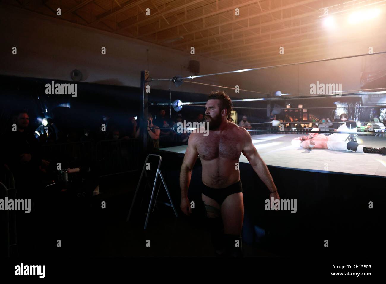 Bloomington, United States. 09th Oct, 2021. Jake Something makes his exit after he wrestles Matt Cross during the Rival Showdown pro wrestling event at the National Guard Armory in Bloomington. Credit: SOPA Images Limited/Alamy Live News Stock Photo