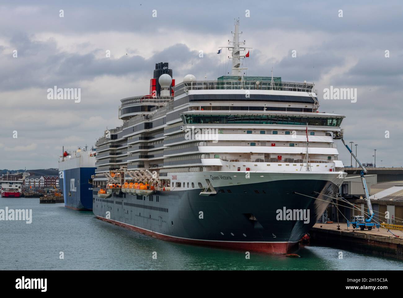 the cunard liner queen victoria alongside at port of southampton docks uk. cunard passenger