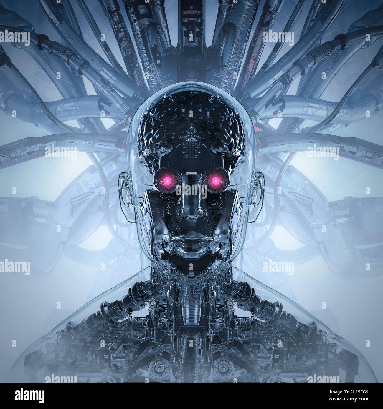 The machine in human form - 3D illustration of futuristic glass science fiction male humanoid cyborg composed of complex machinery Stock Photo