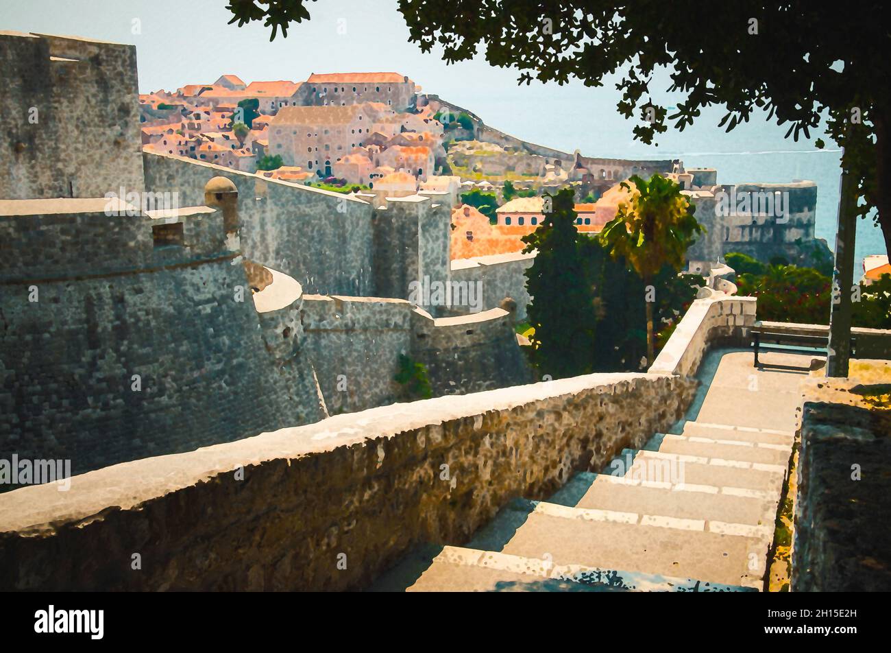 Watercolor drawing of Dubrovnik City Walls and Old Town view, Dalmatia, Croatia Stock Photo