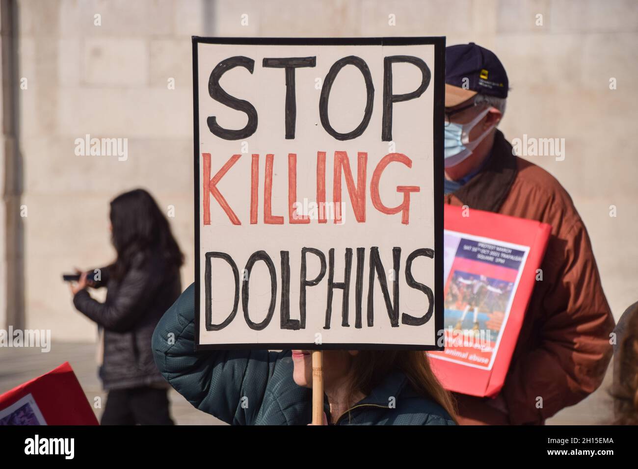 London, UK. 16th Oct, 2021. A protester holds a 'Stop Killing Dolphins' placard during the demonstration in Trafalgar Square.Members of marine conservation organization Sea Shepherd and other activists marched through Westminster, calling for an end to the slaughter of dolphins in Faroe Islands and Taiji, Japan. Credit: SOPA Images Limited/Alamy Live News Stock Photo
