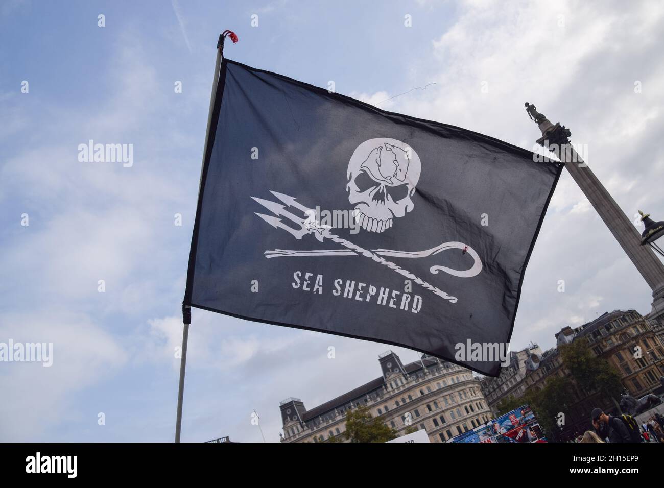London, UK. 16th Oct, 2021. A Sea Shepherd flag is seen during the demonstration in Trafalgar Square.Members of marine conservation organization Sea Shepherd and other activists marched through Westminster, calling for an end to the slaughter of dolphins in Faroe Islands and Taiji, Japan. Credit: SOPA Images Limited/Alamy Live News Stock Photo