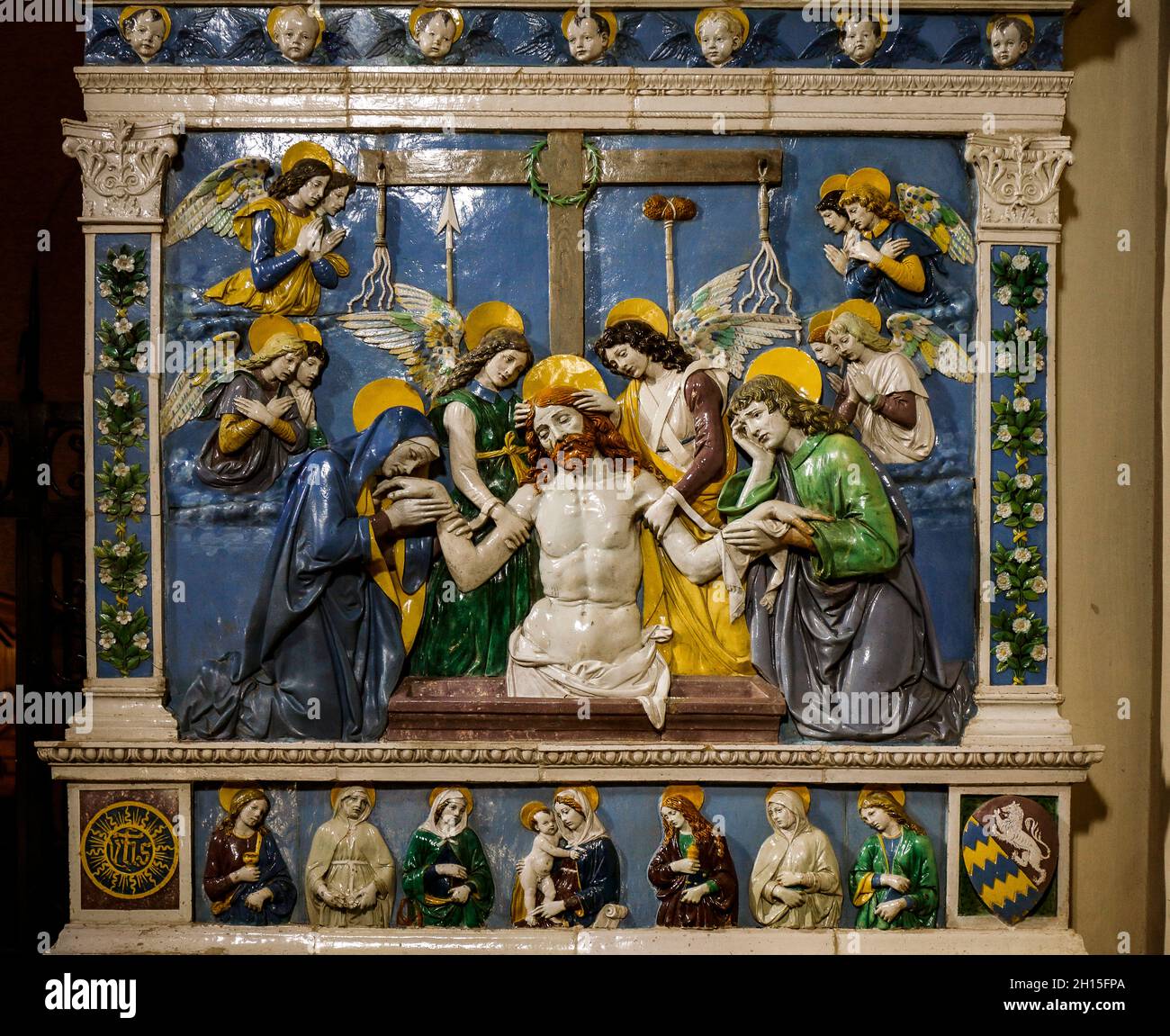 Italy Tuscany La Verna Sanctuary - Church of Santa Maria Degli Angeli: Right Altar: Deposition of Jesus in the Sepulcher By Andrea and Luca Della Robbia: Polychrome terracotta 1490 Stock Photo