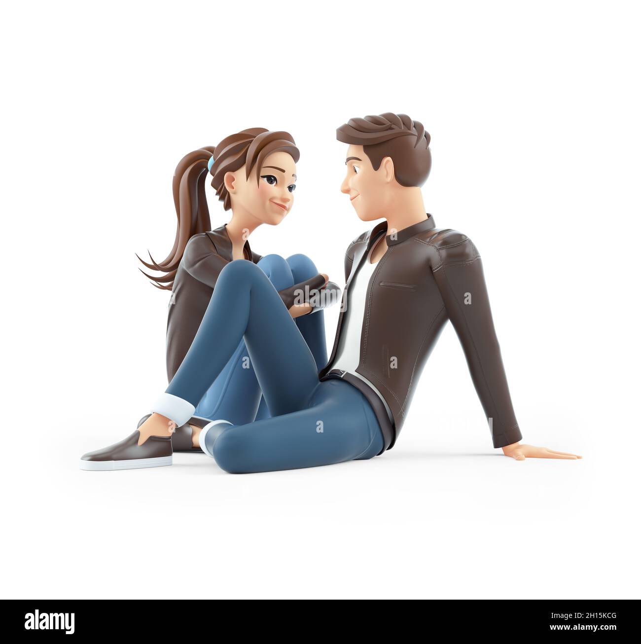 3d cartoon man and woman sitting on floor and looking at each other,  illustration isolated on white background Stock Photo - Alamy