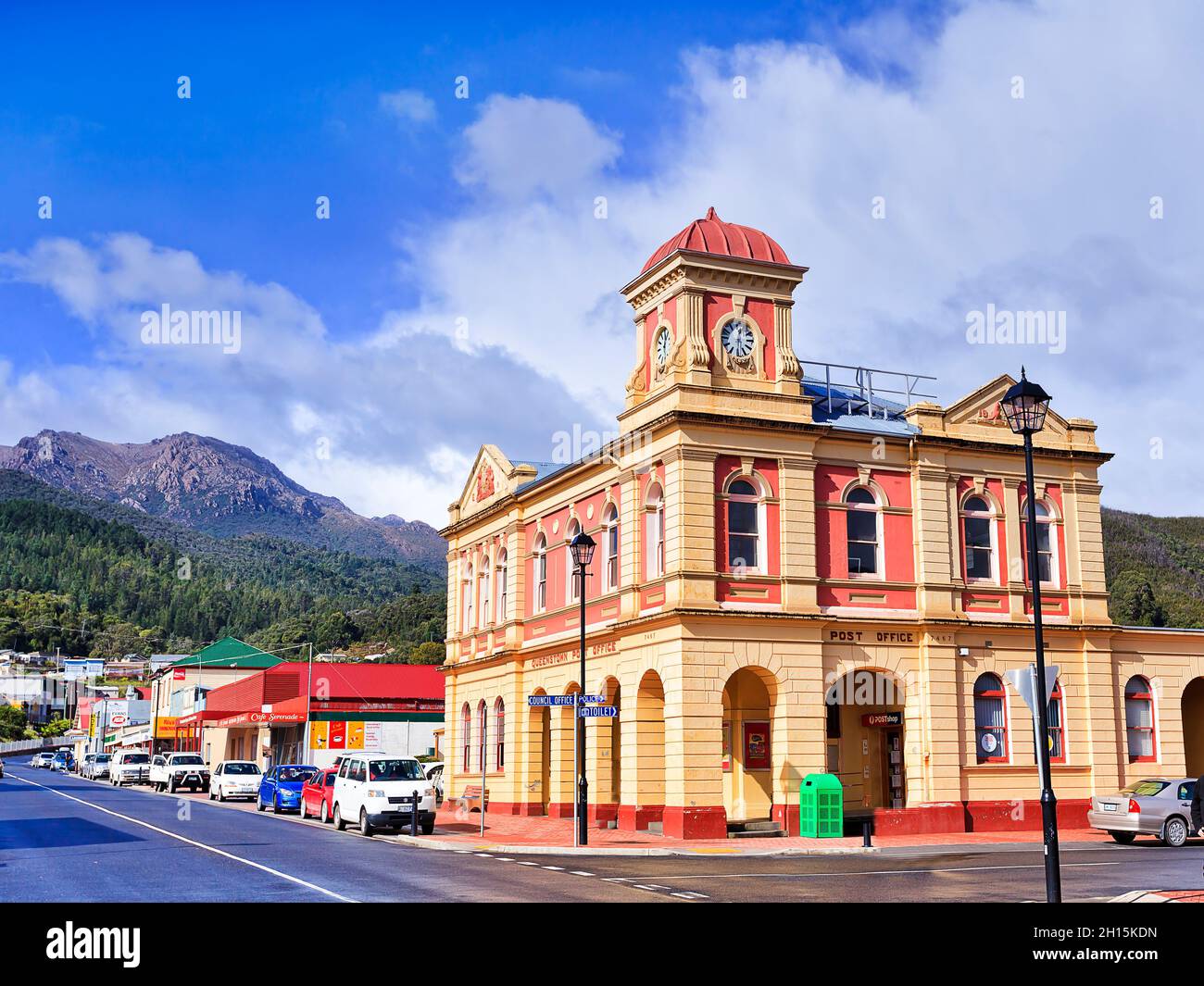 Queenstown, Australia - 24 April 2014: Historic pos office building on the main street of old rural regional town Queenstown in West Coast council of Stock Photo