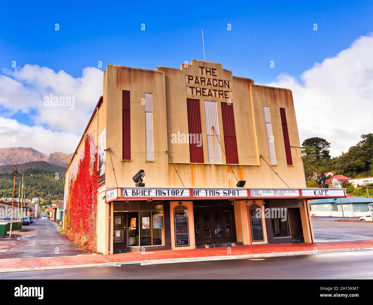 Queenstown, Tasmania - 24 April 2014: Facade of historic The Paragon Theatre under blue sky in old mining town of regional Australia. Stock Photo