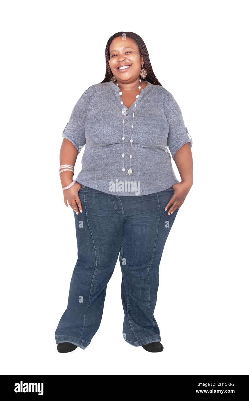 Heavy weight african woman dressed casual with jeans, isolated on white background Stock Photo