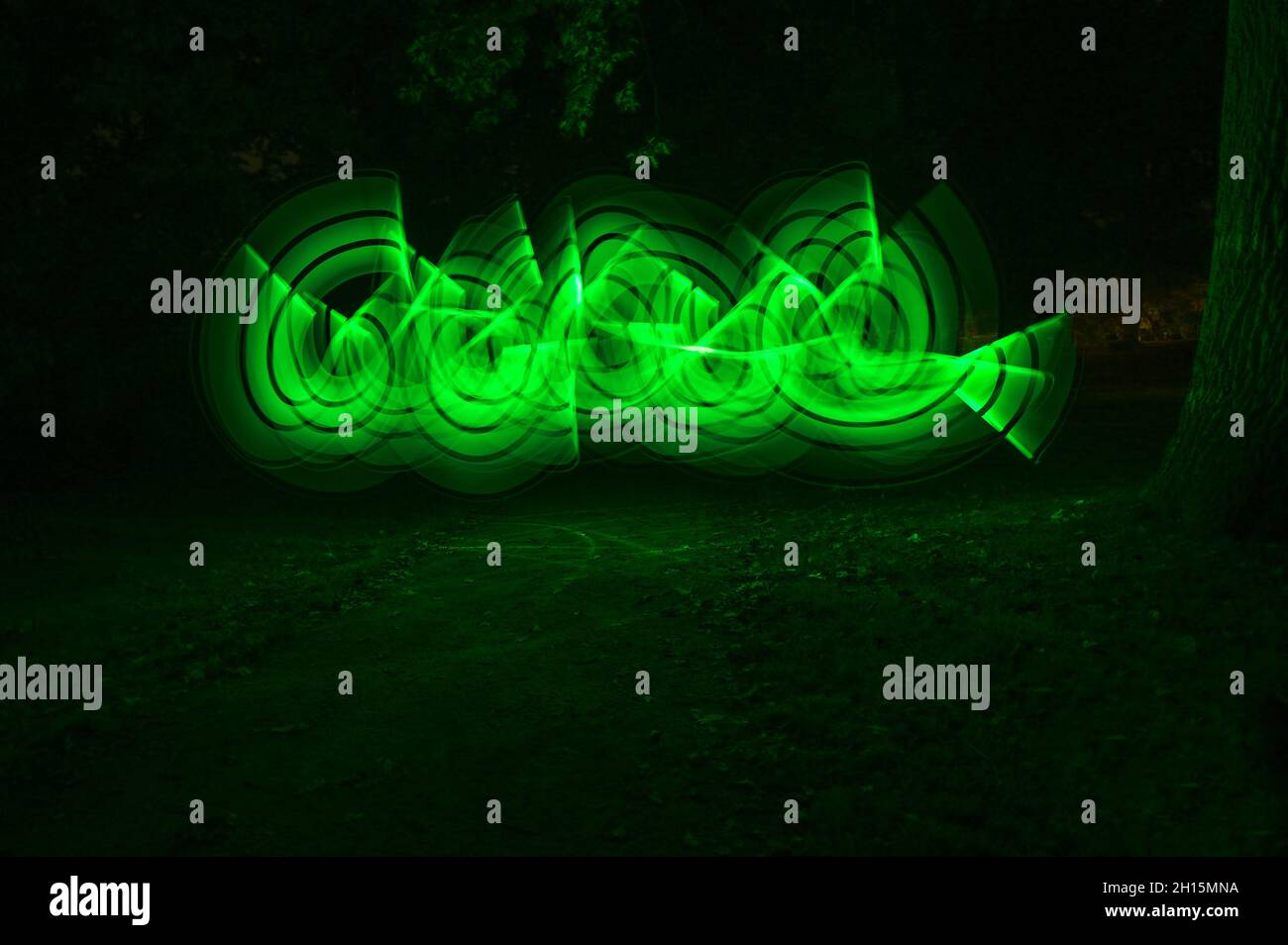 Freehand light painting in the form of green glowing curves in a dark park at night, abstract art, long exposure with motion blur, copy space, selecte Stock Photo