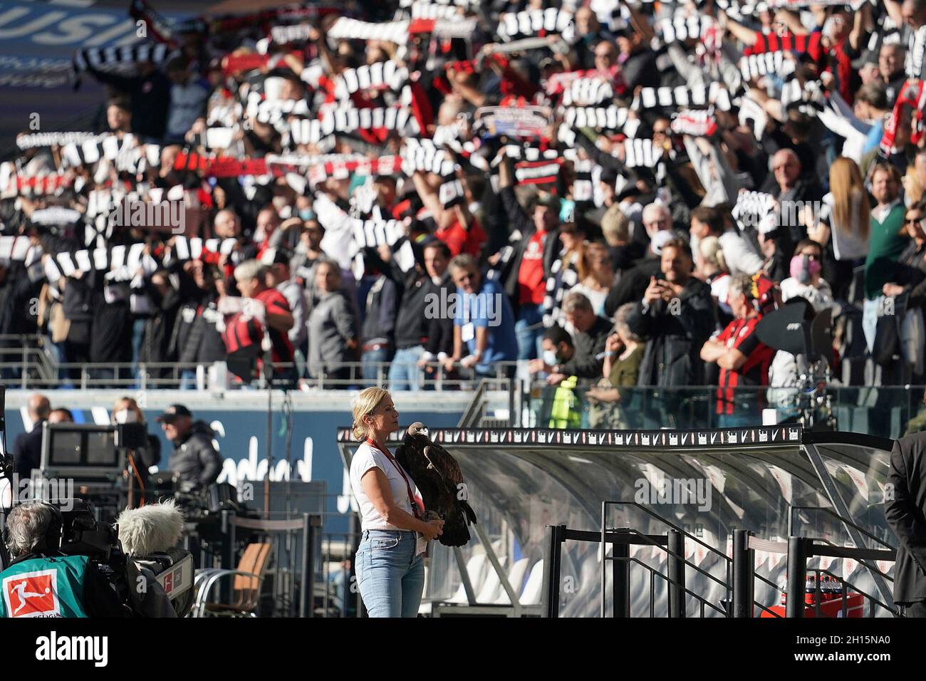 Frankfurt, Deutschland. 16th Oct, 2021. 16.10.2021, Deutsche Bank Park, Frankfurt, GER, 1.FBL, Eintracht Frankfurt vs Hertha BSC, DFL regulations prohibit any use of photographs as image sequences and/or quasi-video. In the picture the mascot golden eagle Attila in front of the Frankfurt fan curve Credit: dpa/Alamy Live News Stock Photo