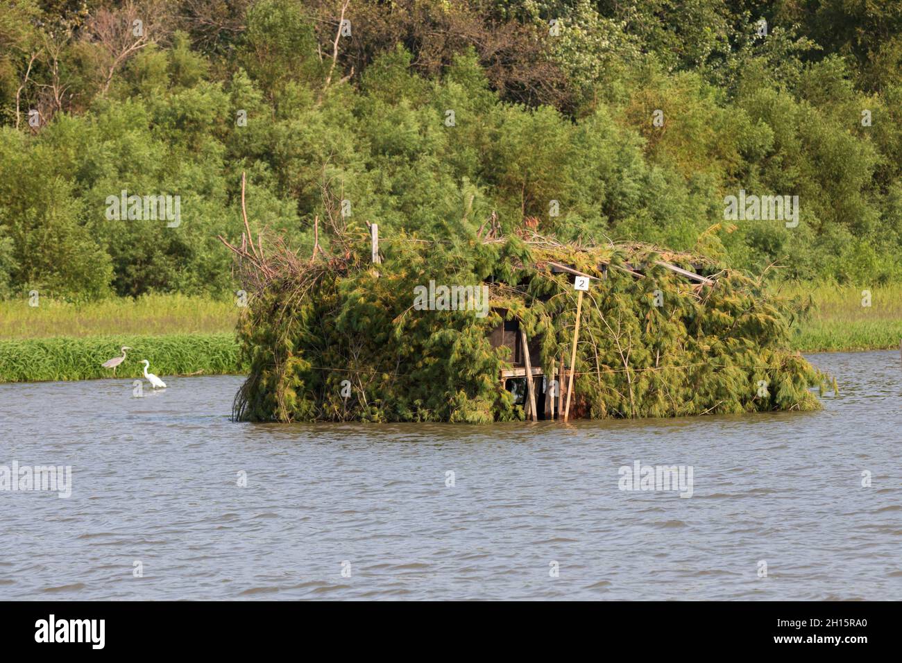 Duck blind on the Illinois River Stock Photo