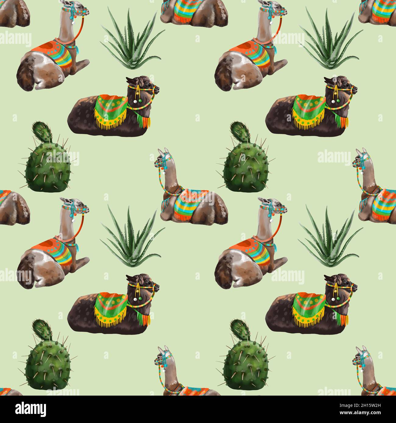 Watercolor seamless Pattern of Lama and cacti Stock Photo