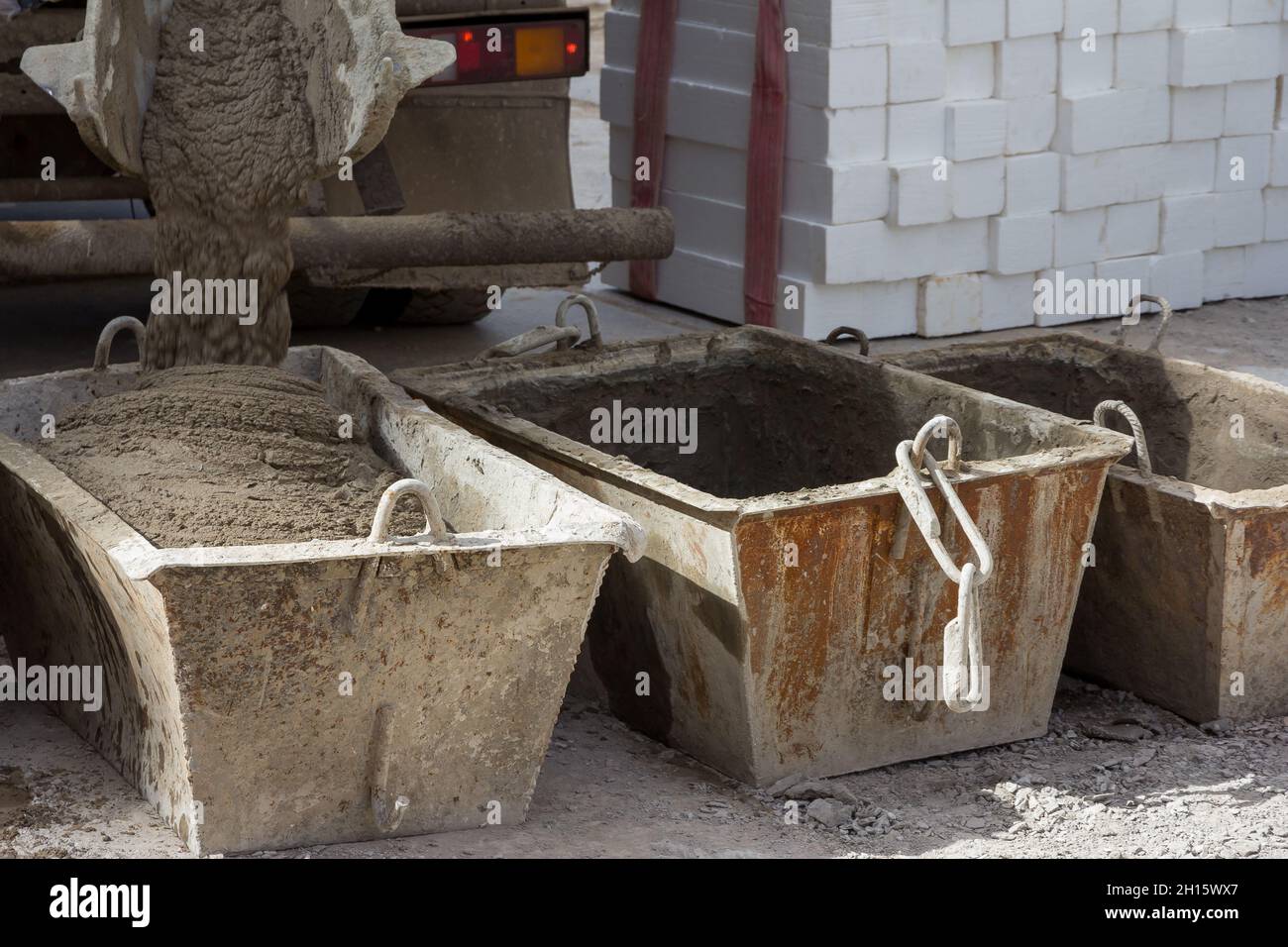 Cement mortar in construction tanks. Cement mortar for brickwork Stock Photo