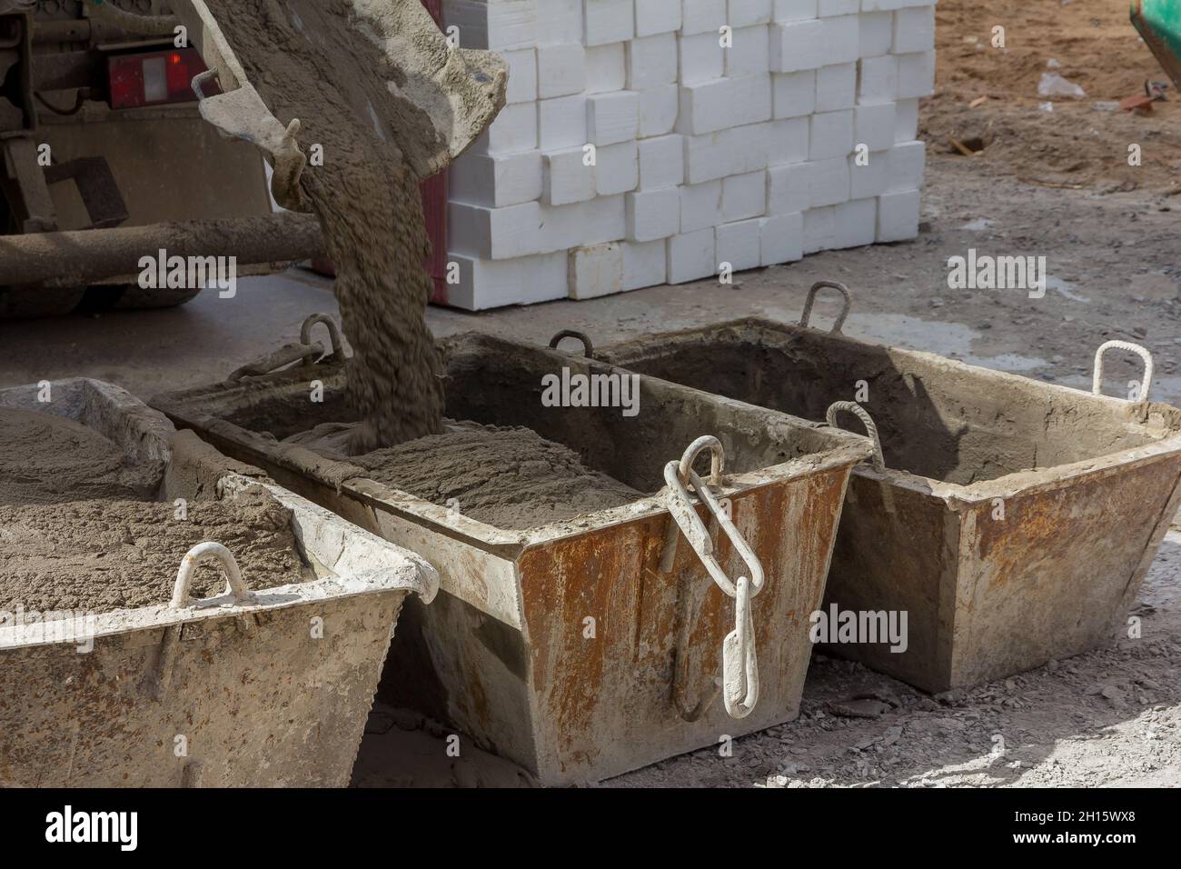Cement mortar in construction tanks. Cement mortar for brickwork Stock Photo
