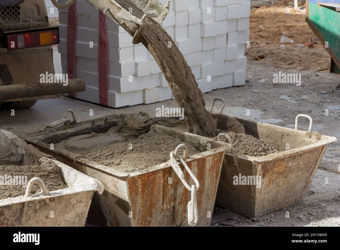 Cement mortar in construction tanks. Cement mortar for brickwork Stock Photo
