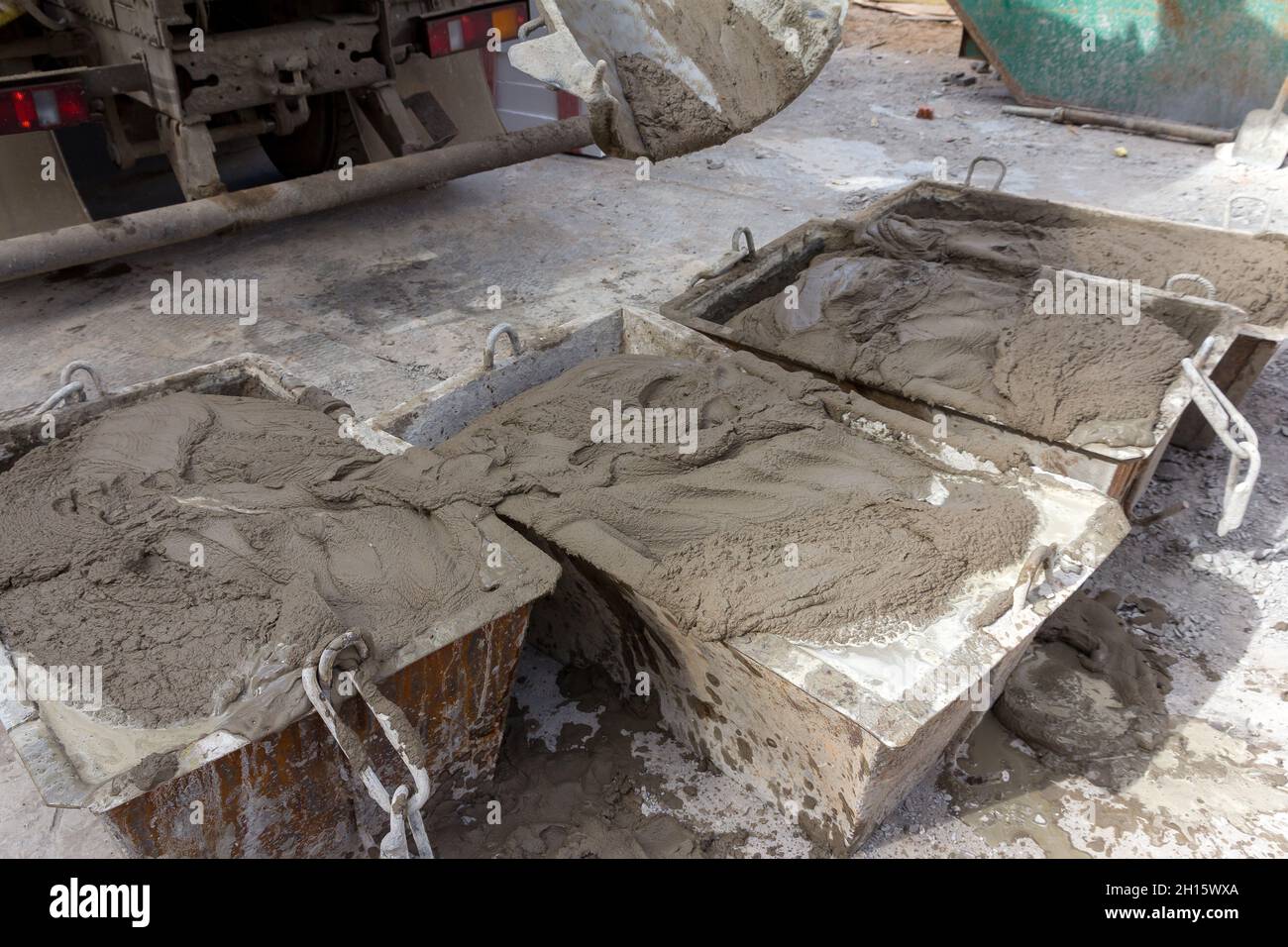 Cement mortar in construction tanks. Cement mortar for brickwork Stock Photo