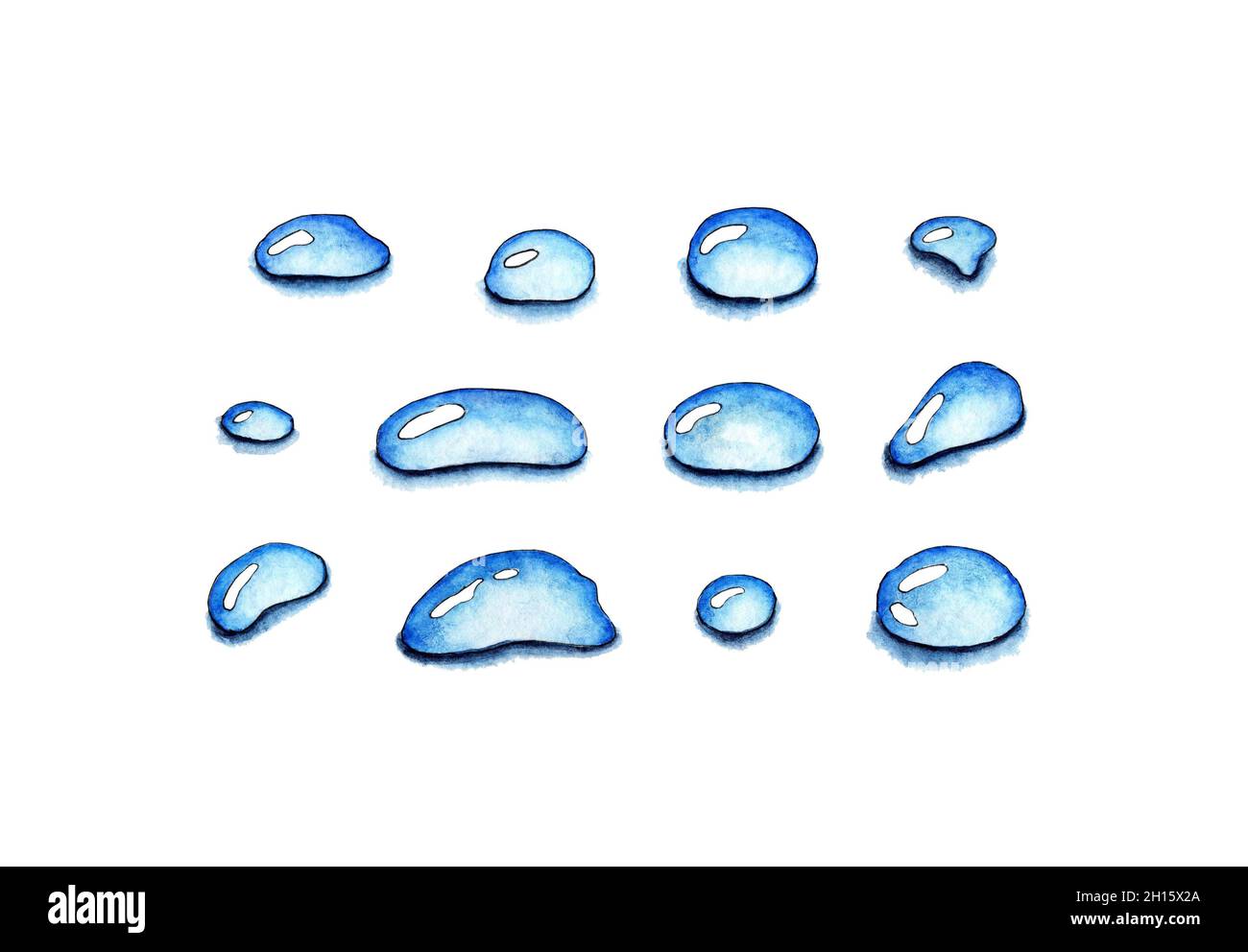 Watercolor painting blue water drops. Glittering drops on the leaves