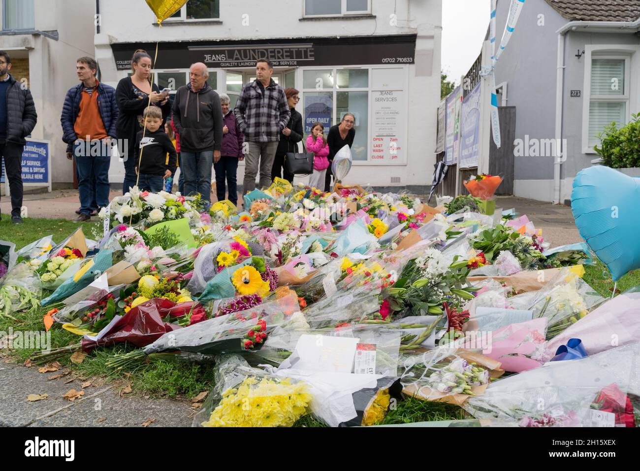 Leigh on Sea, Essex, UK. 16th Oct, 2021. Tributes of floral, photos and
