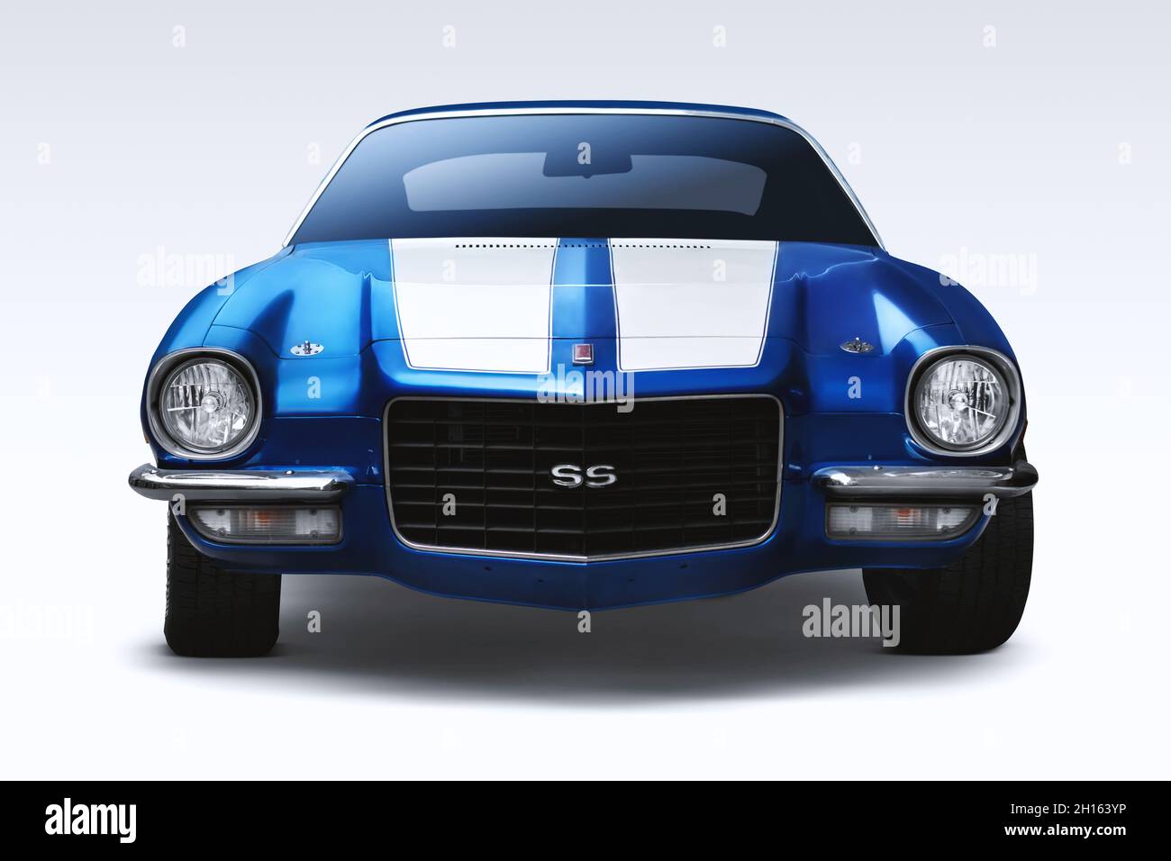 Izmir, Turkey - June 21, 2021: Front view of a Blue colored 1974 Pontiac Brand Trans am firebird in a studio shot on a white background. Stock Photo