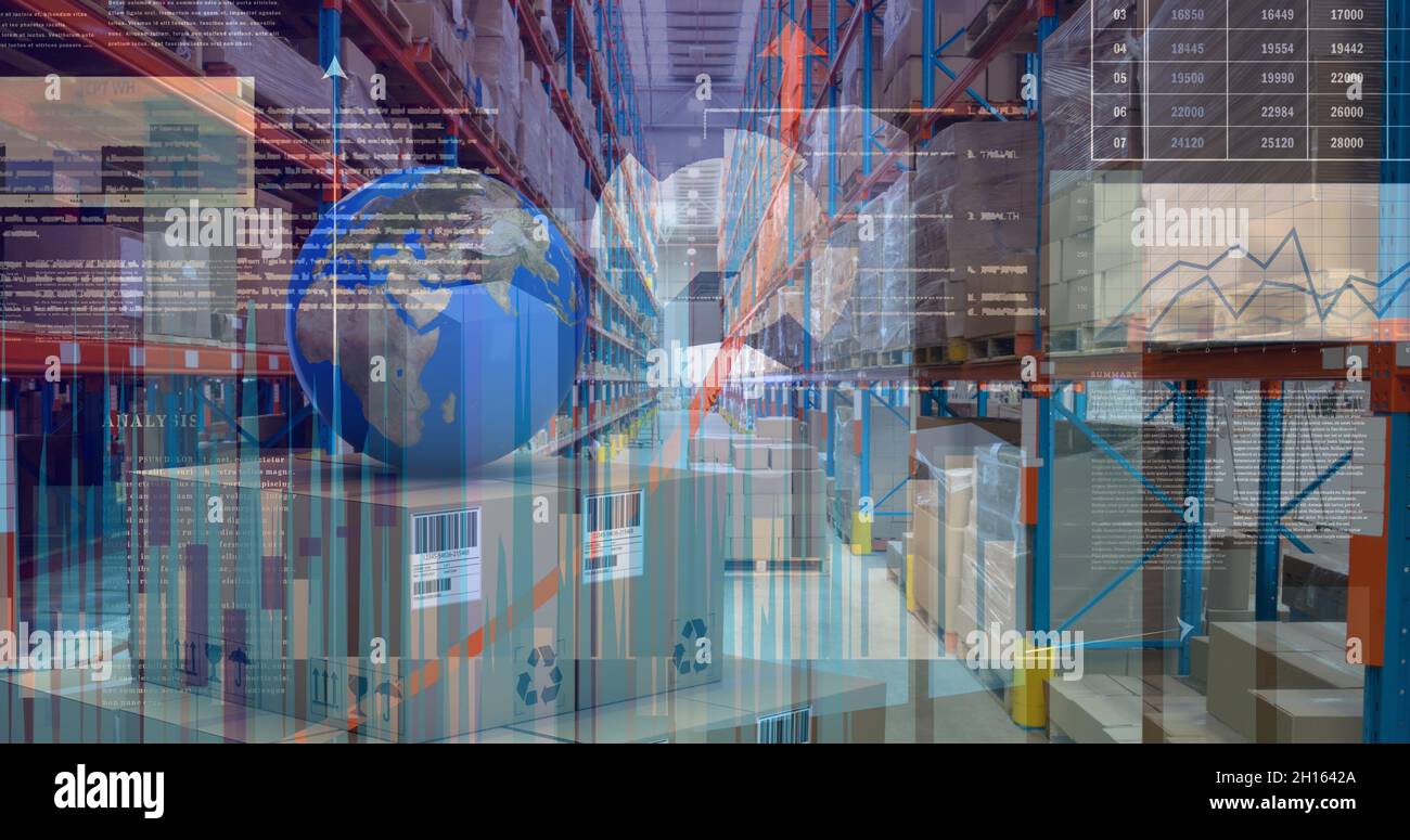 Box With Data Statistical and financial data processing against globe on stack of ...