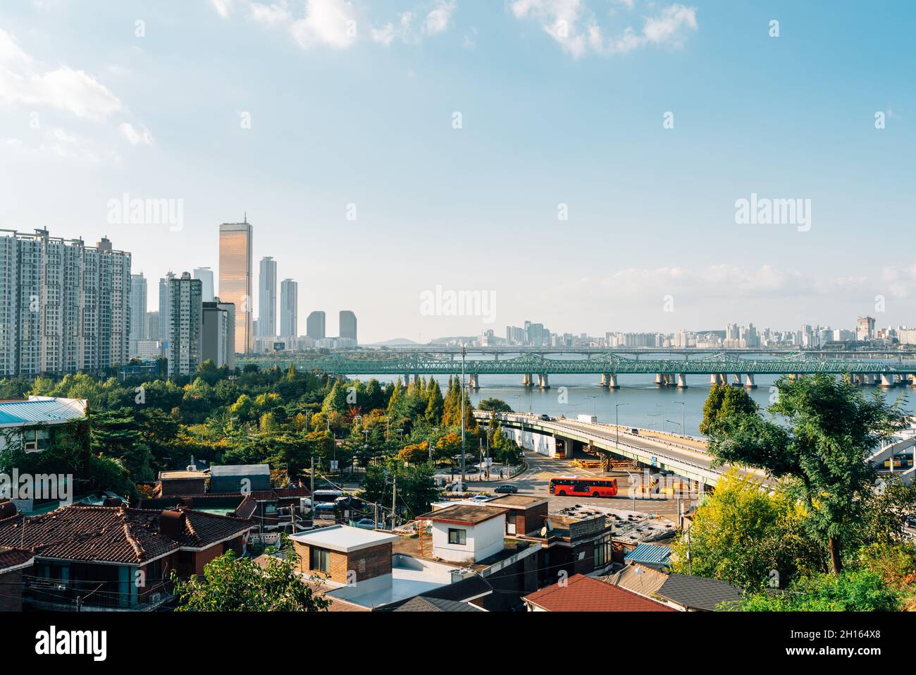 Panoramic view of Seoul city and Han river park in Korea Stock Photo