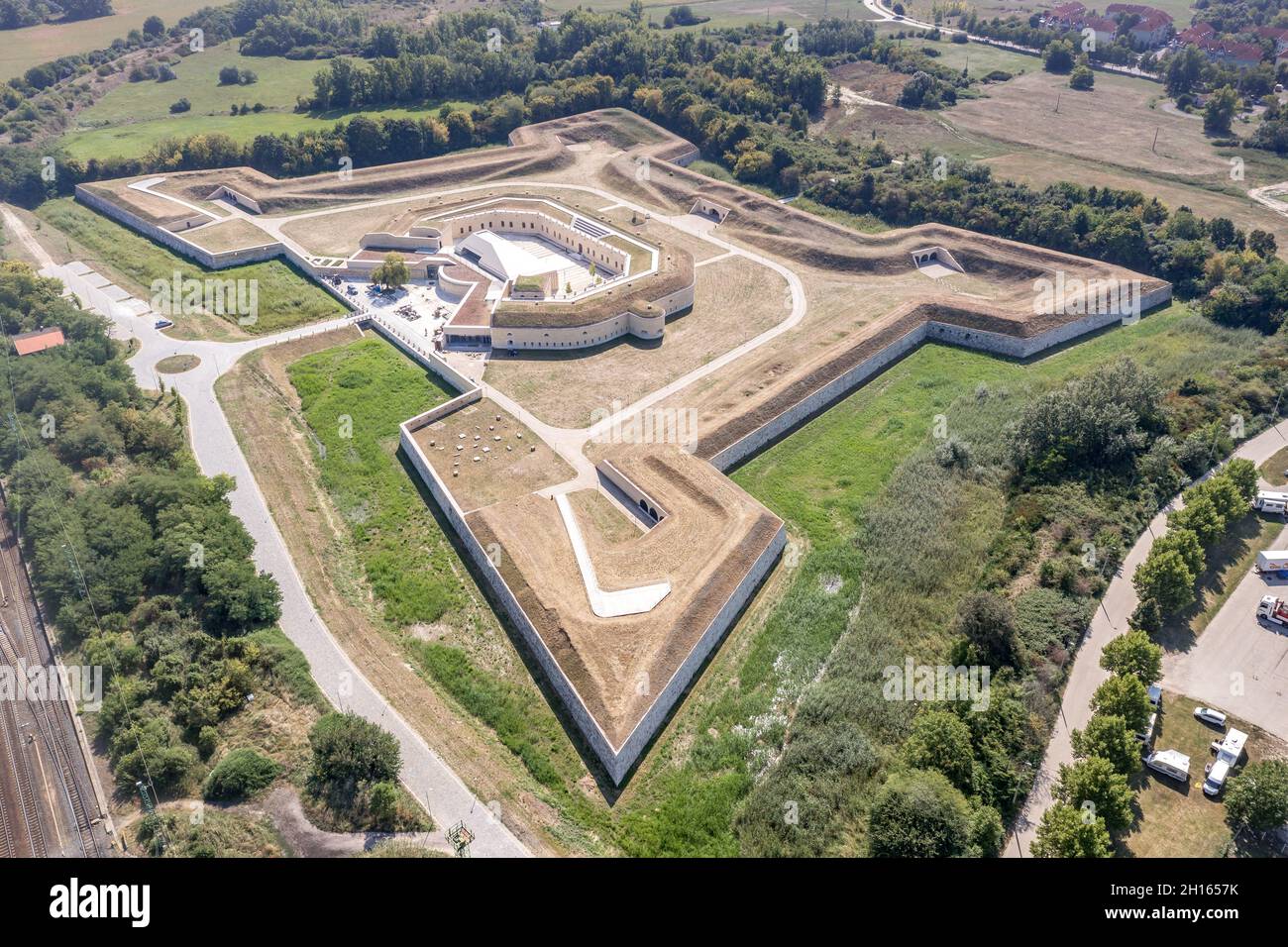Aerial view of star fort (Csillag erod) pn the Hungarian side of Komarom Komarno along Danube river with four large casemated bastion Caponier Stock Photo