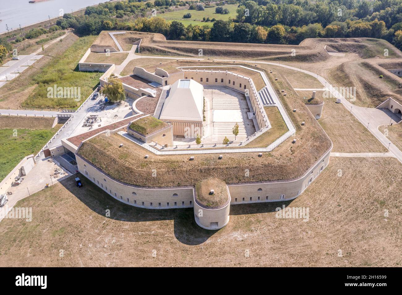 Aerial view of star fort (Csillag erod) pn the Hungarian side of Komarom Komarno along Danube river with four large casemated bastion Caponier Stock Photo