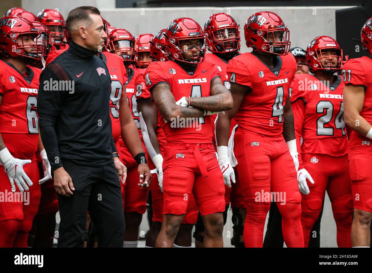 Las Vegas, NV, USA. 16th Oct, 2021. The UNLV Rebels team waits to be introduced prior to the start of the NCAA football game featuring the Utah State Aggies and the UNLV Rebels at Allegiant Stadium in Las Vegas, NV. Christopher Trim/CSM/Alamy Live News Stock Photo