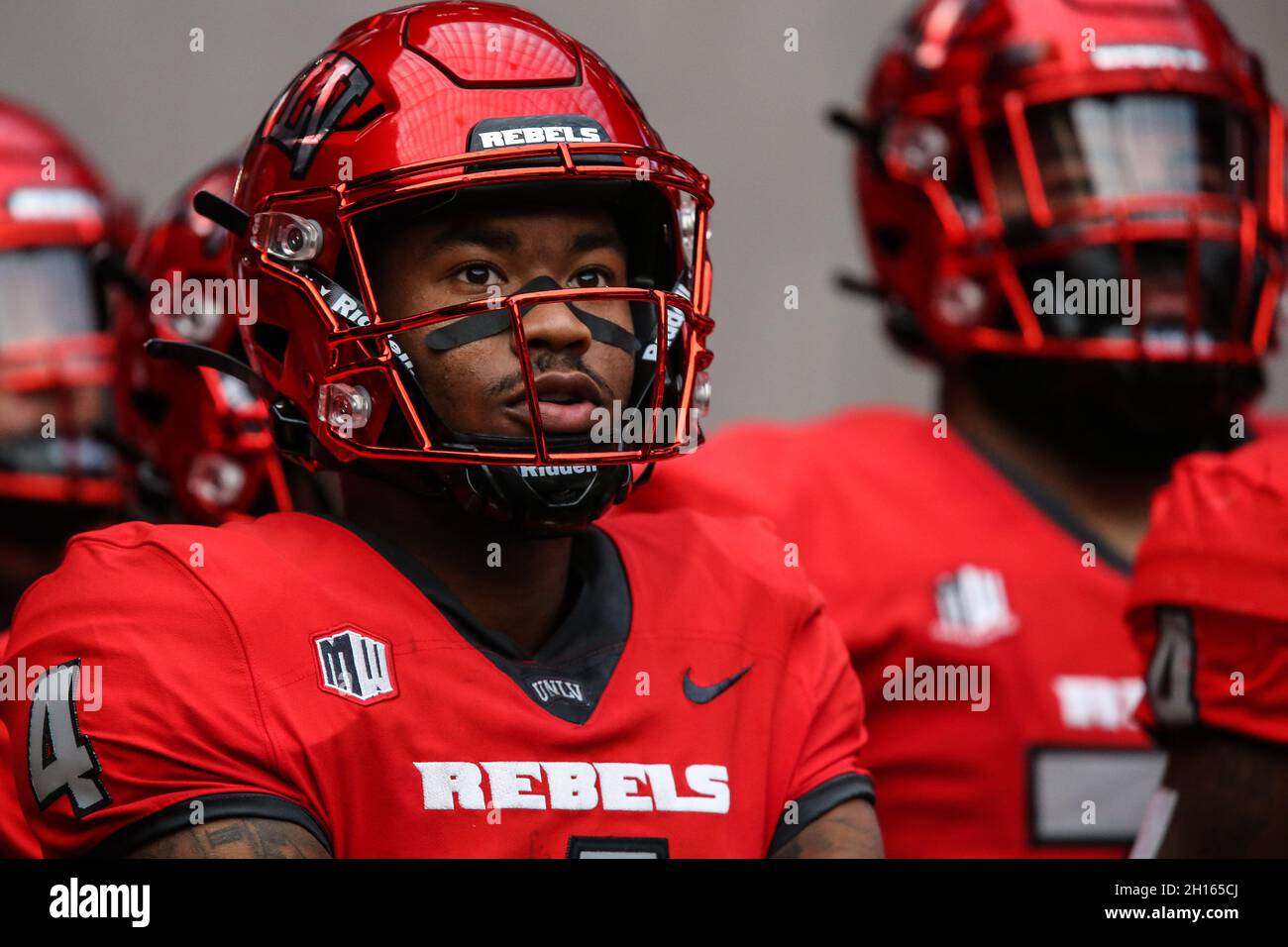 Las Vegas, NV, USA. 16th Oct, 2021. UNLV Rebels wide receiver Steve Jenkins (4) waits to be introduced prior to the start of the NCAA football game featuring the Utah State Aggies and the UNLV Rebels at Allegiant Stadium in Las Vegas, NV. Christopher Trim/CSM/Alamy Live News Stock Photo