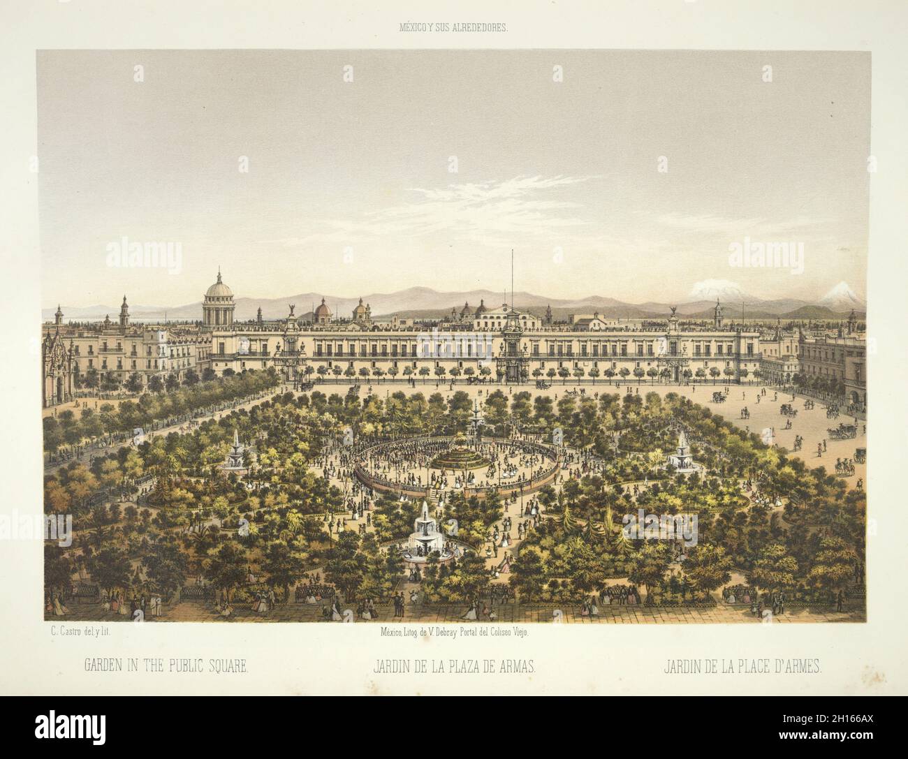 Lithograph of the Plaza de Armas and National Palace in Mexico City ca. 1869 Stock Photo