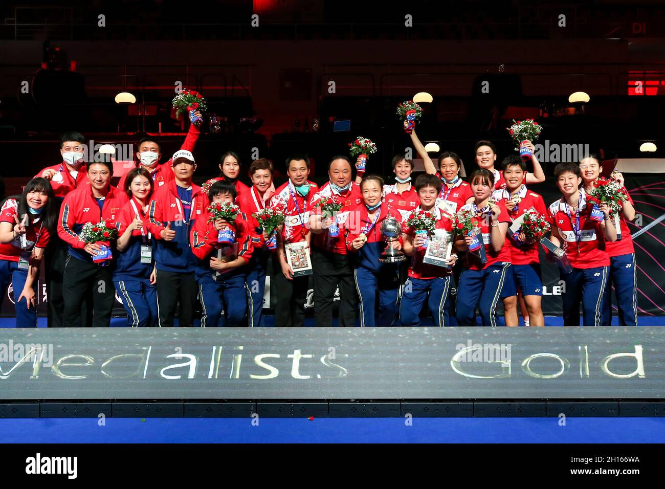 Aarhus, Denmark. 17th Oct, 2021. Members of team China celebrate with trophy at the awarding ceremany the final match between China and Japan at Uber Cup badminton tournament in Aarhus,