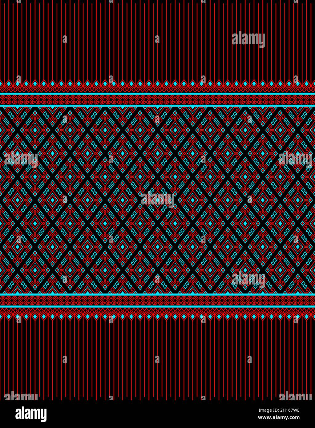 Red Turquoise Native or Ethnic Seamless Pattern on Black Background in ...