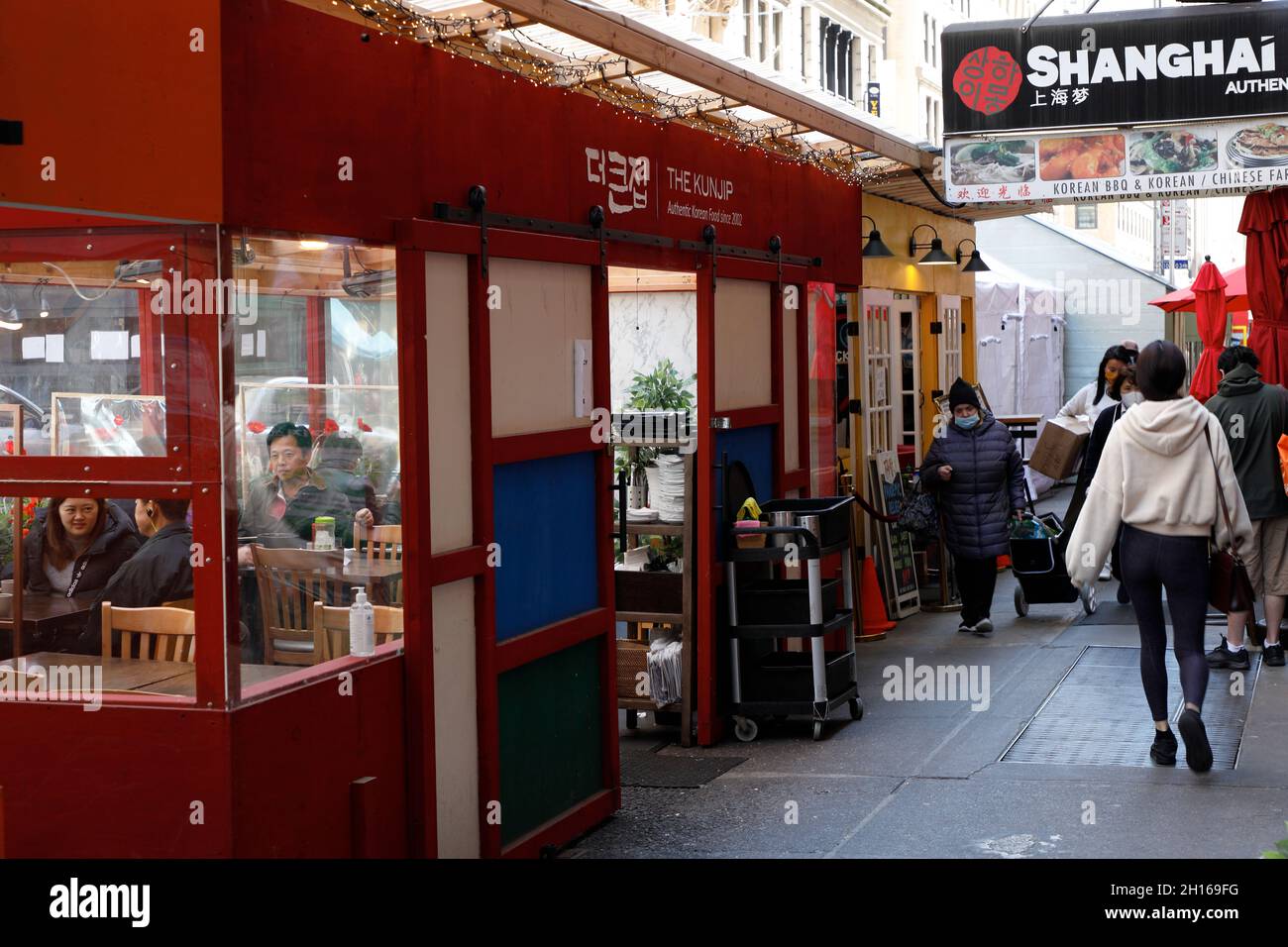 Outdoor dining huts in Korean town 32th street during Covid19 pandemic
