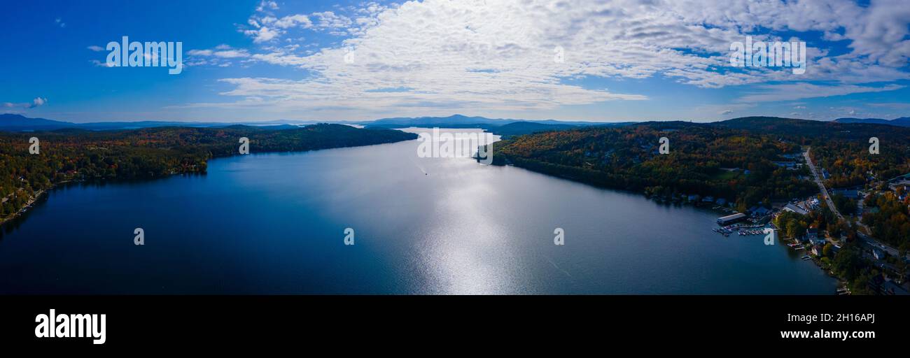 Panoramic aerial view of Meredith Bay in Lake Winnipesaukee in fall