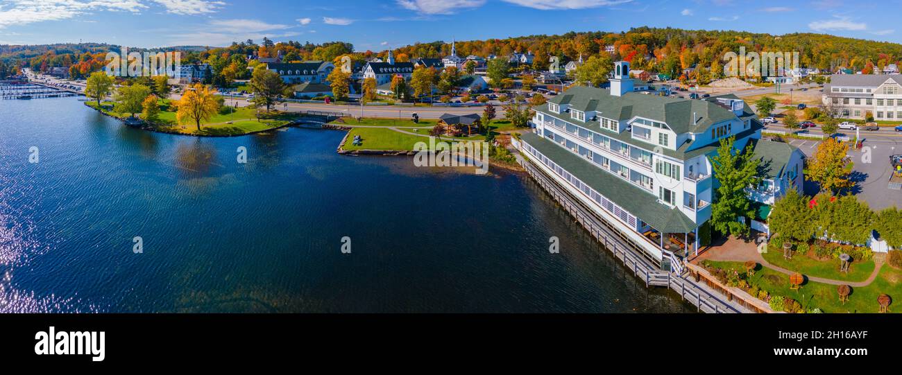 Bay point at Mill Falls with fall foliage panoramic aerial view with
