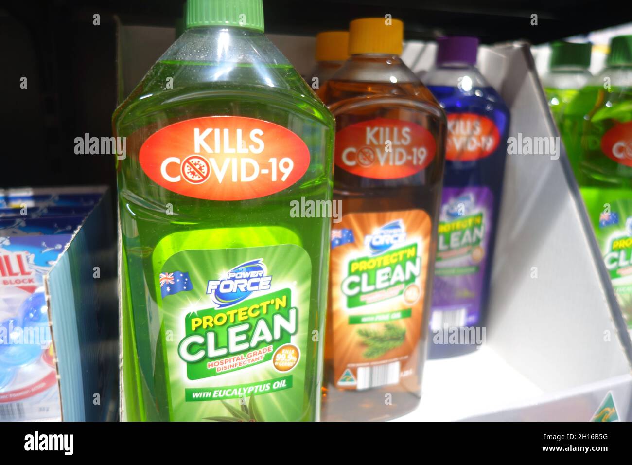 Supermarket detergent claiming to kill covid-19, Perth, Western Australia. No PR Stock Photo