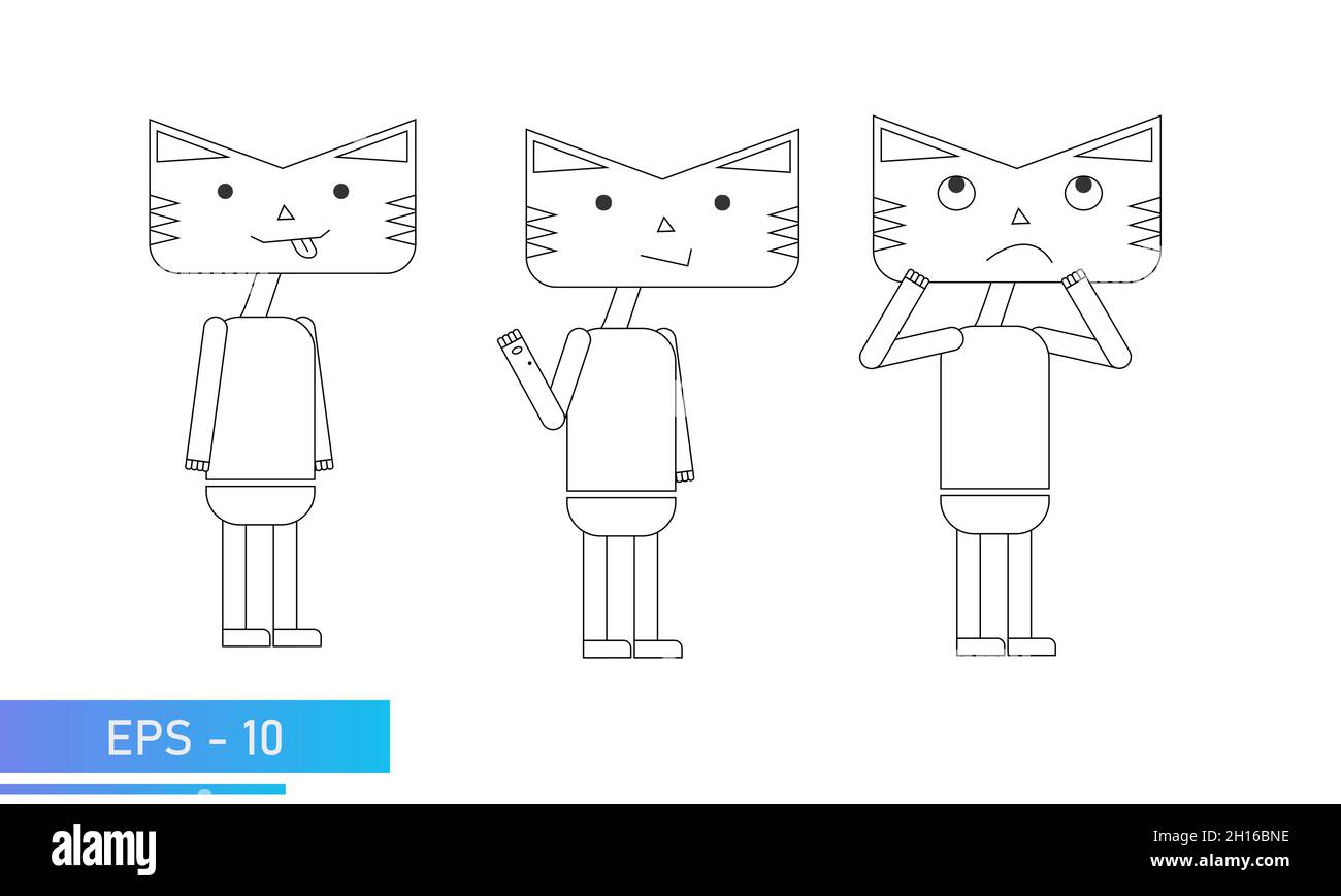 Cat or tiger line style. In full growth. Emotional fanny, hello and thinks. Symbol of 2022 year. Isolated on a white background. Flat vector Stock Vector