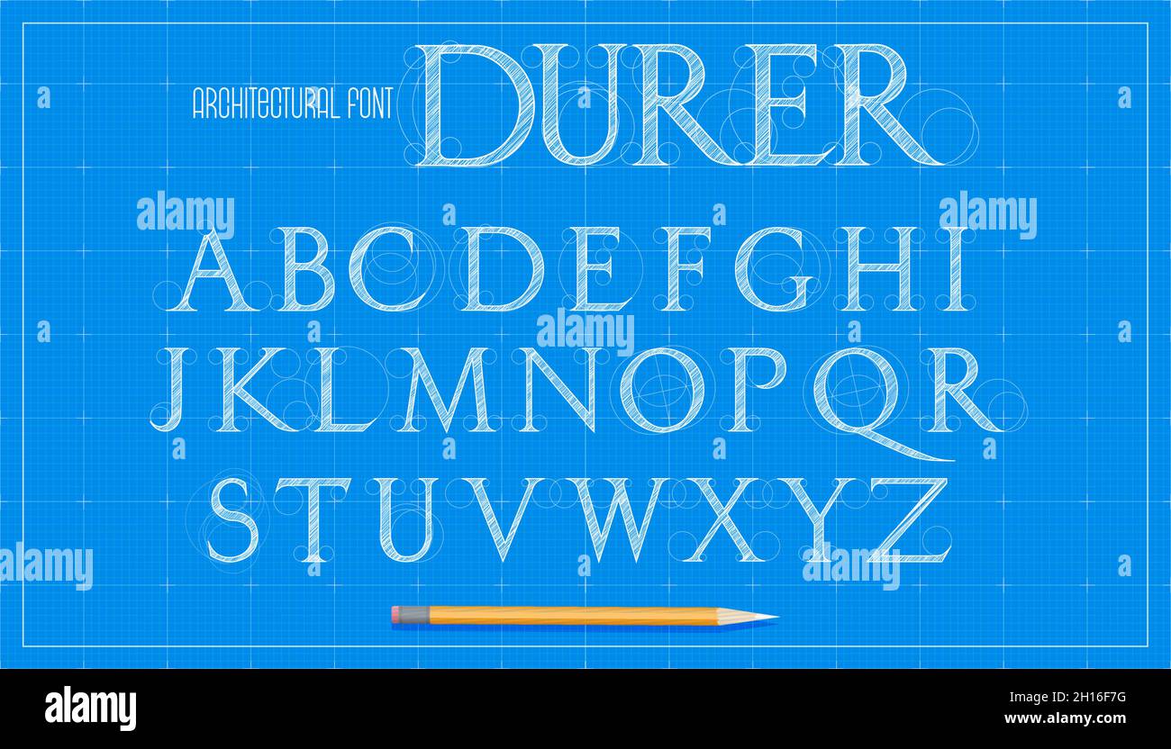Blueprint architecture font. Capital serif letters alphabet. Sketch