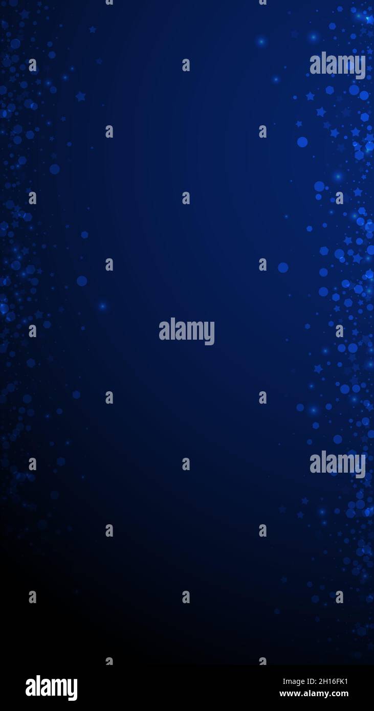 Magic stars Christmas background. Subtle flying snow flakes and stars on dark blue background. Adorable winter silver snowflake overlay template. Aliv Stock Vector