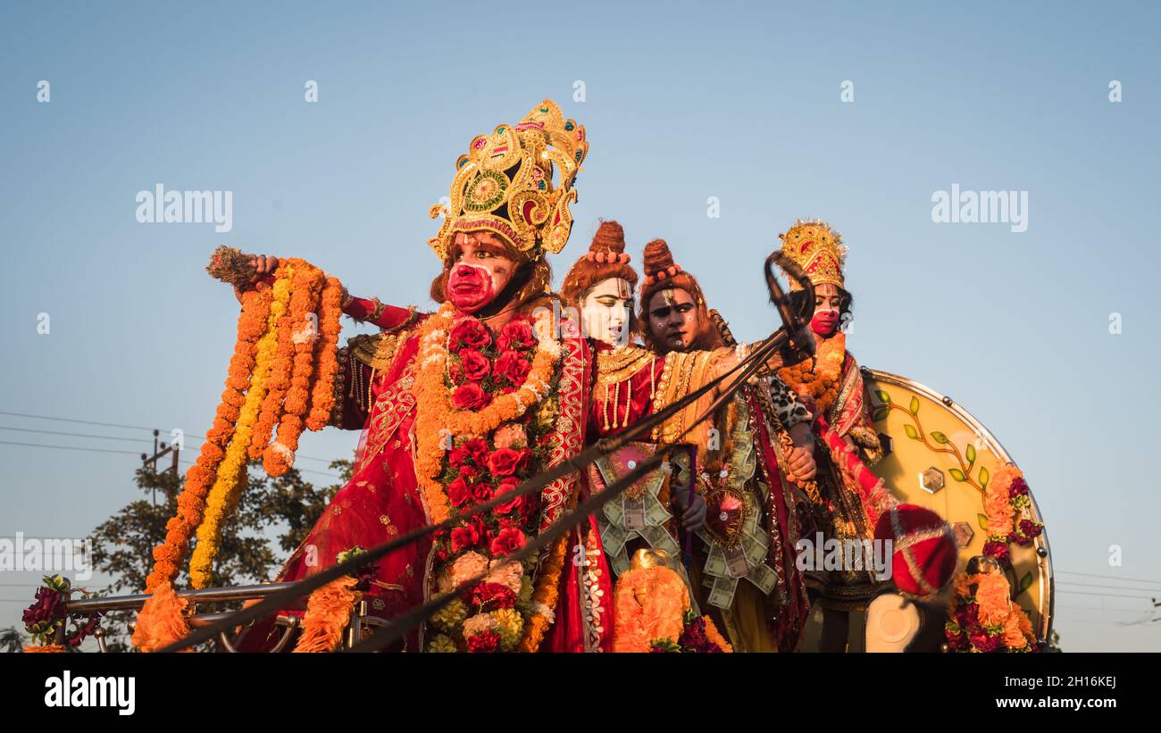 Lord hanuman, Lord Ram and Lord Lakhsman on a Chariotte during Diwali Ramleela in India Stock Photo