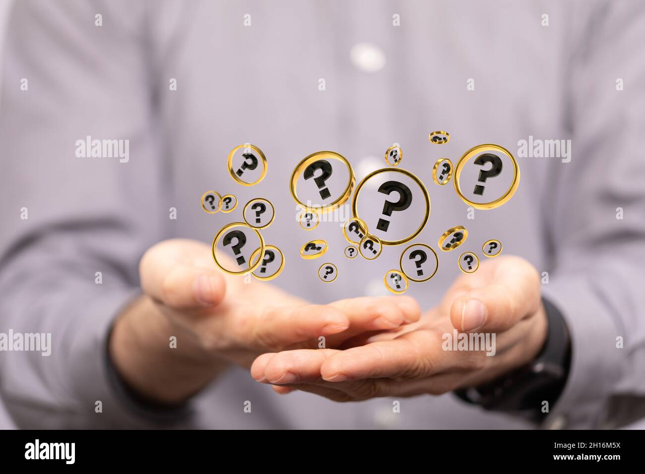 A businessman solving a problem with 3D rendering digital question ...