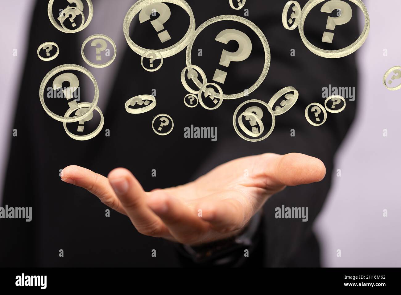A businessman solving a problem with 3D rendering digital question ...