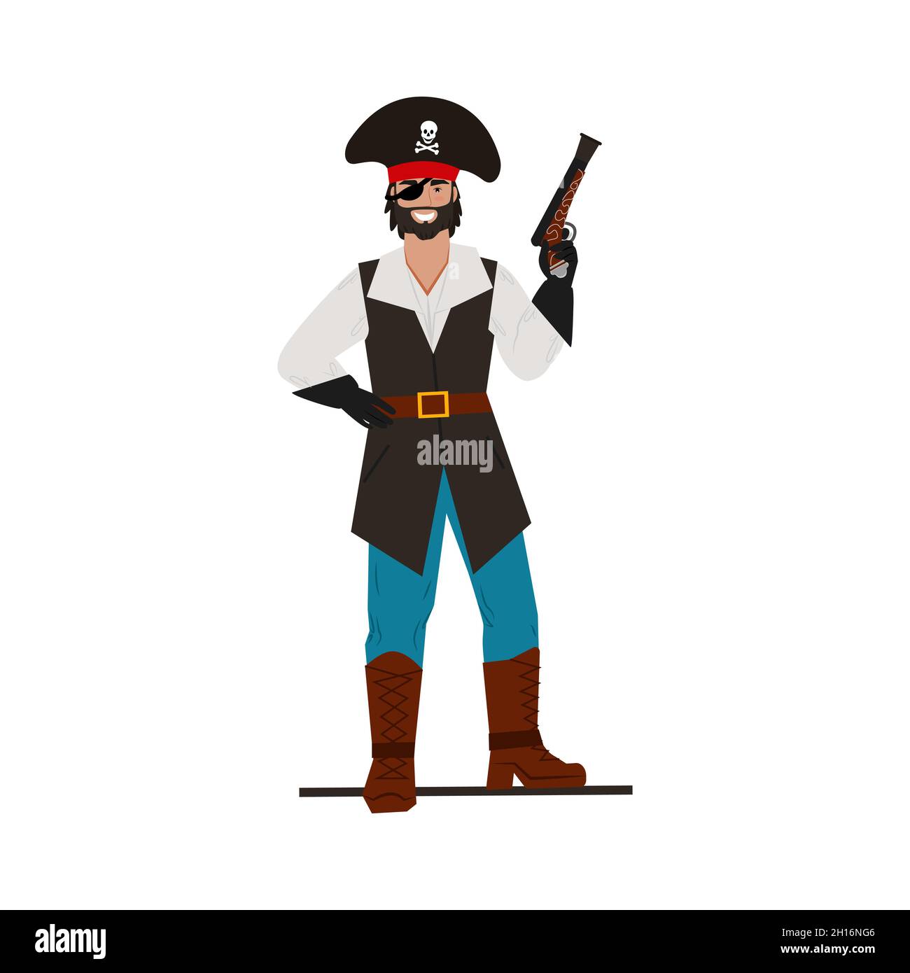 Armed pirate. Young handsome pirate with a blindfold. Vector character Stock Vector