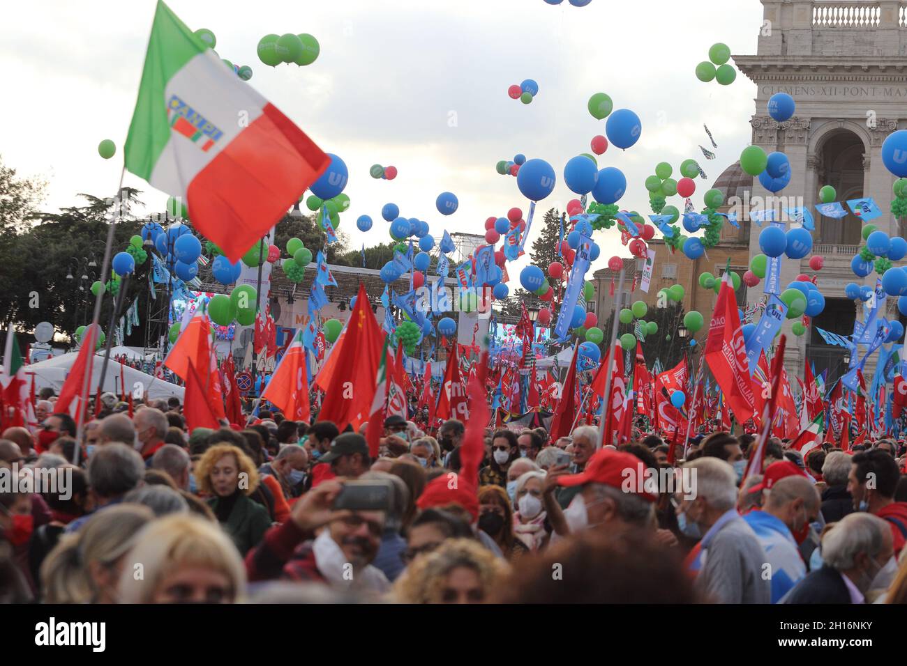 Rome Italy. October 16, 2021. The demonstration in Piazza San Giovanni of the CGIL, CISL and UIL unions to protest against the fascist aggression last Saturday at the CGIL headquarters Stock Photo
